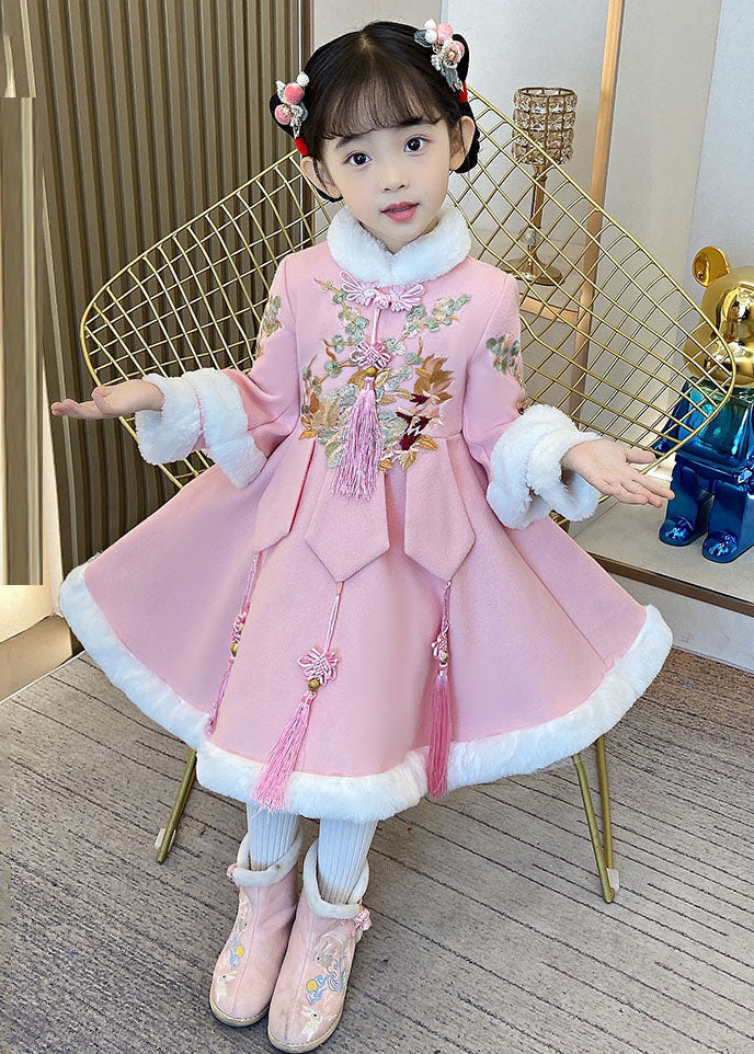 Pink Warm Fleece Button Holiday Long Dress Winter