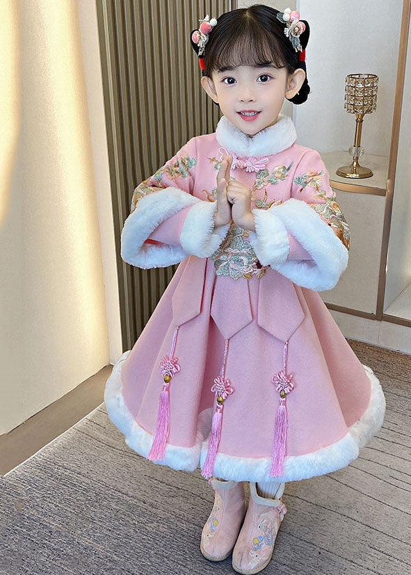 Pink Warm Fleece Button Holiday Long Dress Winter
