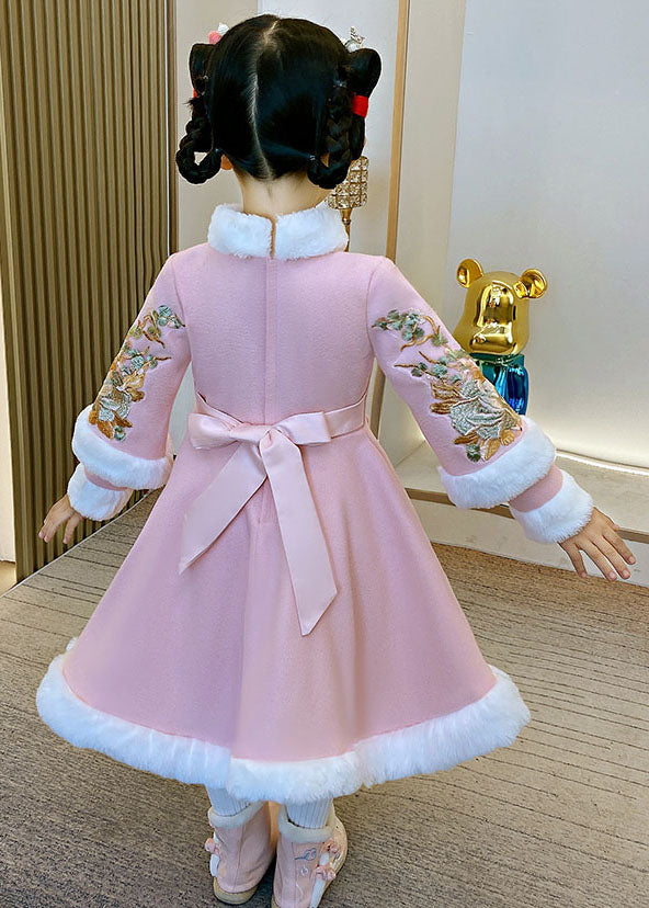 Pink Warm Fleece Button Holiday Long Dress Winter