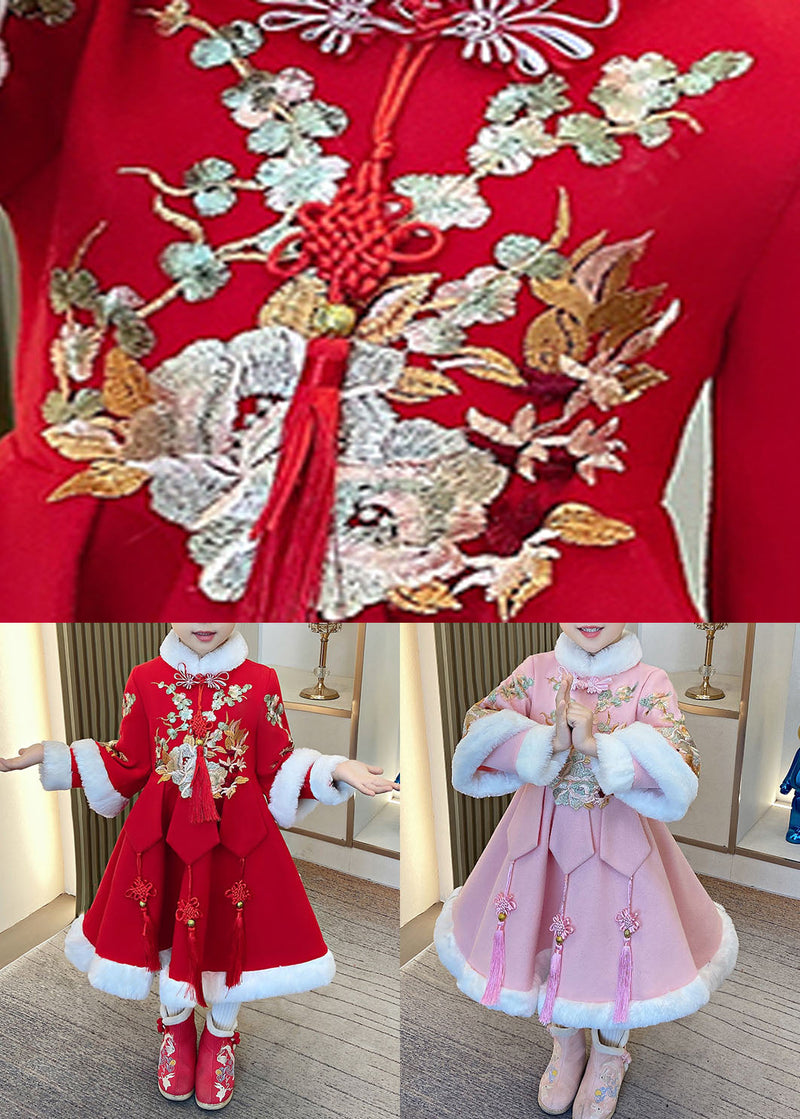 Pink Warm Fleece Button Holiday Long Dress Winter