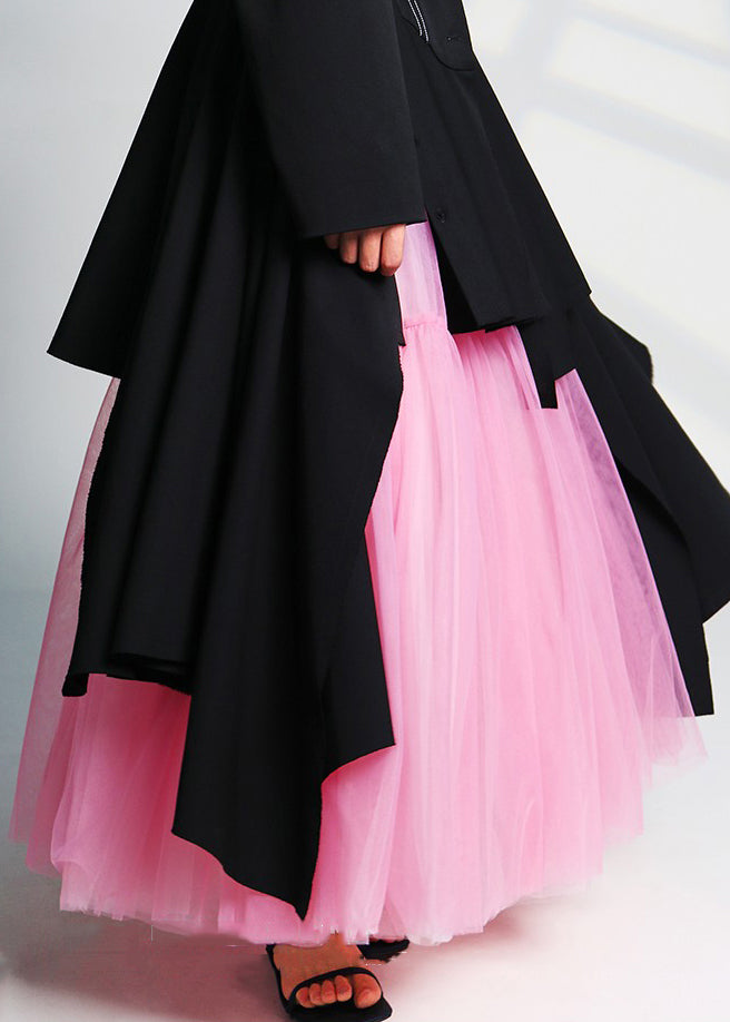 Pink Wrinkled High Waist Tulle Skirts Summer