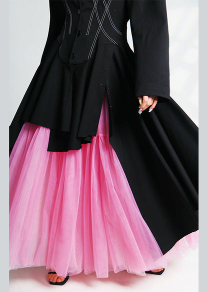 Pink Wrinkled High Waist Tulle Skirts Summer
