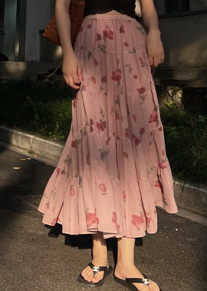 Pink Wrinkled Print Elastic Waist Chiffon Skirts Spring