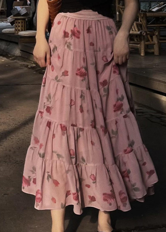 Pink Wrinkled Print Elastic Waist Chiffon Skirts Spring