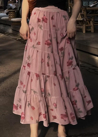 Pink Wrinkled Print Elastic Waist Chiffon Skirts Spring