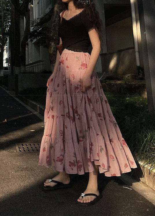 Pink Wrinkled Print Elastic Waist Chiffon Skirts Spring