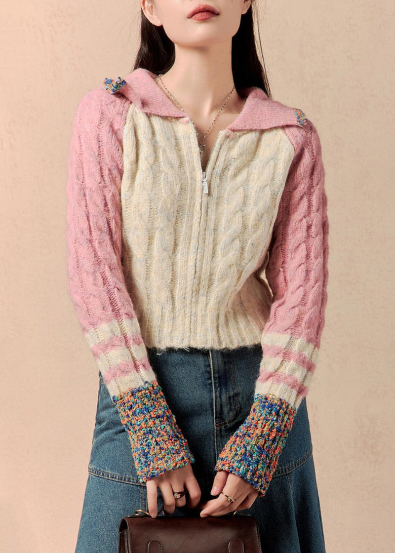 Pink Zip Up Patchwork Knit Sweaters Winter