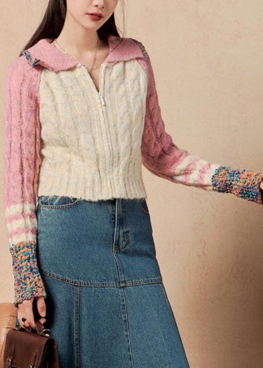 Pink Zip Up Patchwork Knit Sweaters Winter