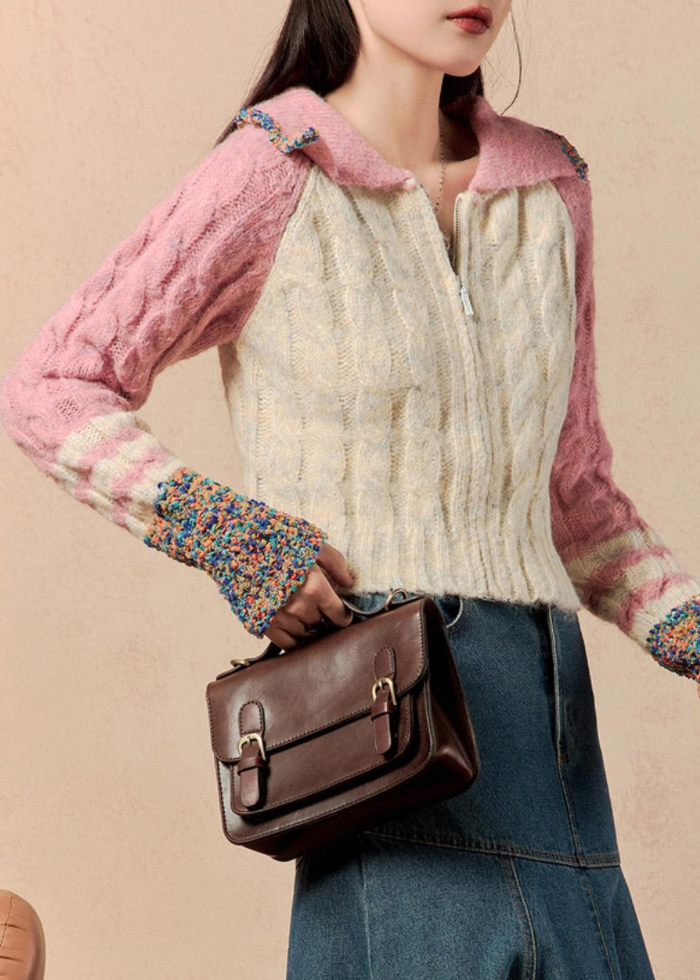 Pink Zip Up Patchwork Knit Sweaters Winter