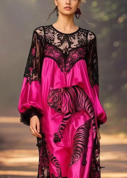 Pitaya Print Patchwork Lace Long Dresses Spring
