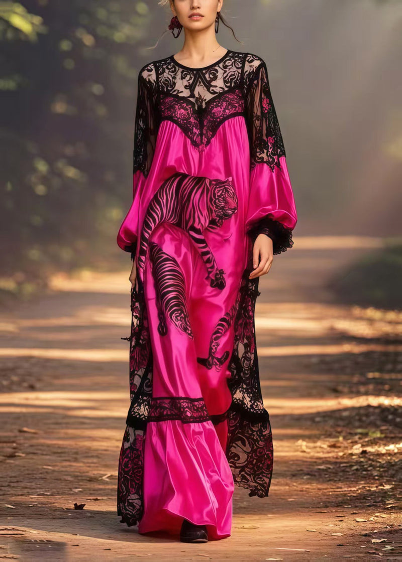 Pitaya Print Patchwork Lace Long Dresses Spring