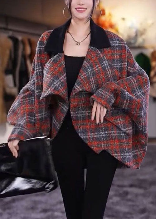 Plaid Peter Pan Collar Pockets Woolen Coats Long Sleeve