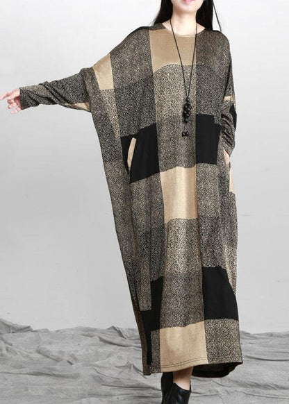 Plaid Pockets Long Sleeve Maxi Dresses Fall