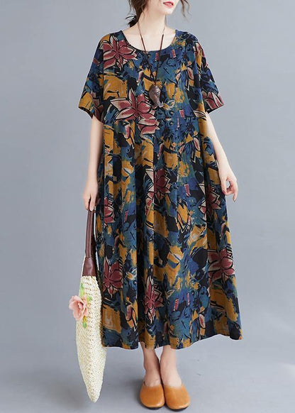 Plant Printing O Neck Cinched Dresses Summer Dress