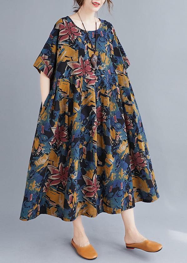 Plant Printing O Neck Cinched Dresses Summer Dress