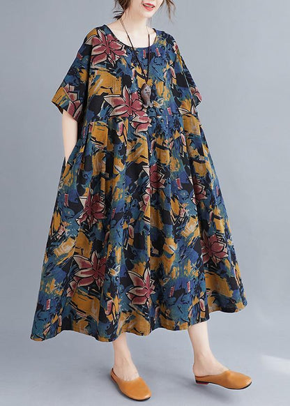 Plant Printing O Neck Cinched Dresses Summer Dress