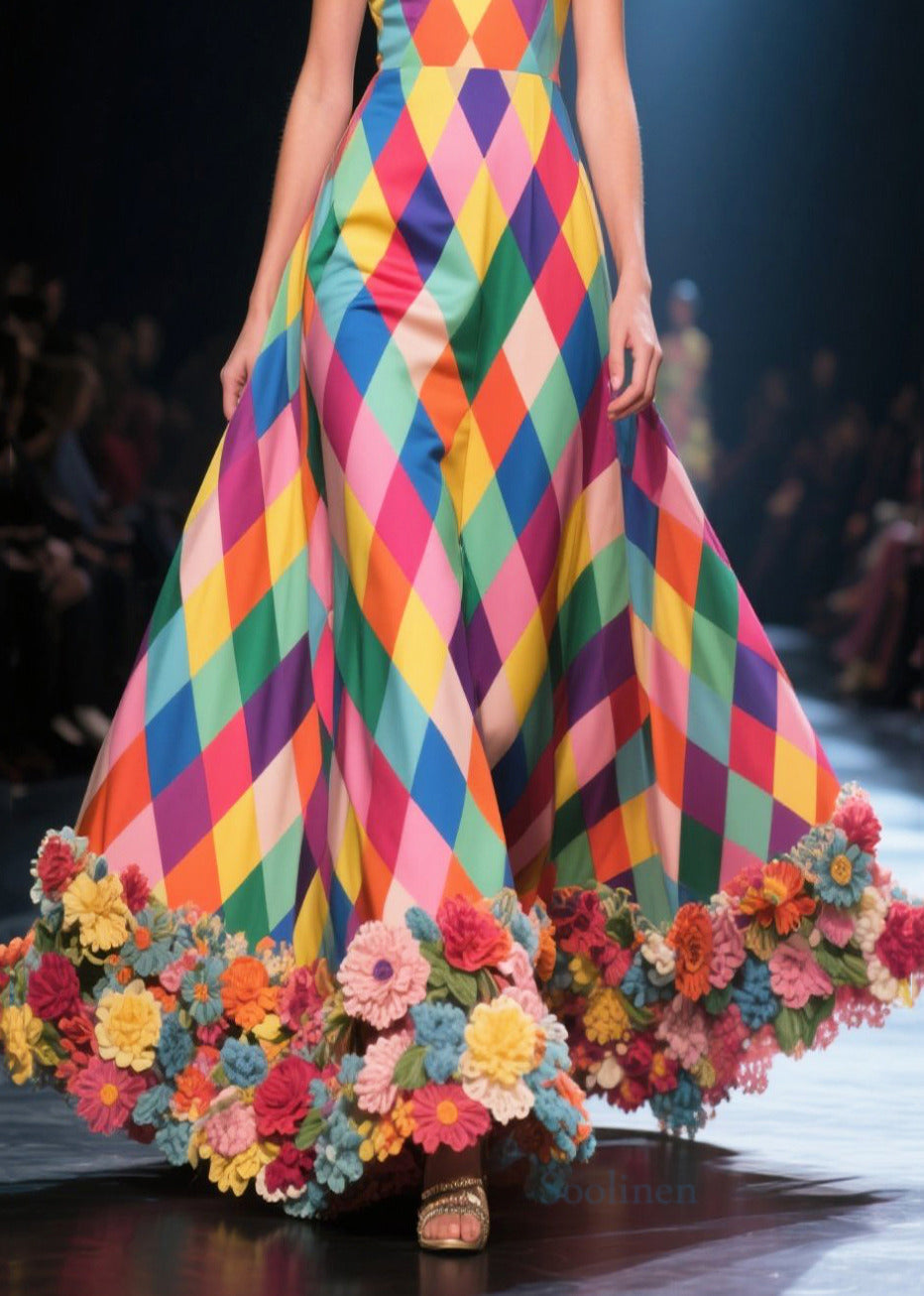 Polychrome Plaid Three-dimensional Flower Silk Strapless Dress Summer