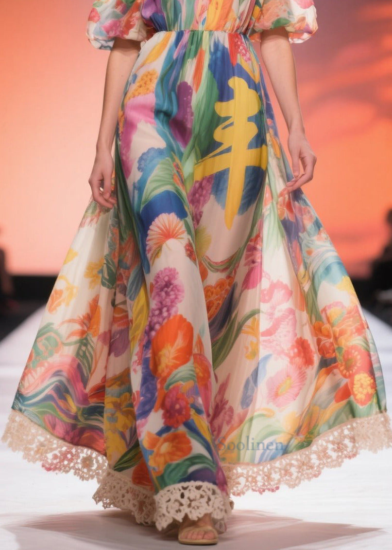 Print Chiffon Long Dress Cold Shoulder Summer