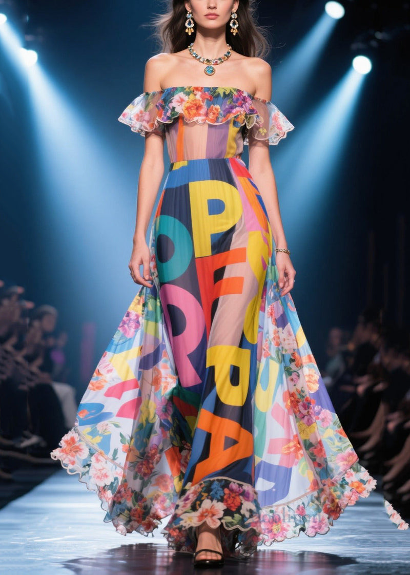 Print Cold Shoulder Chiffon Holiday Dress Summer