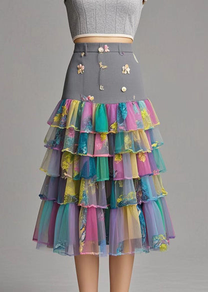 Print Patchwork Layered Tulle Silm Fit Skirt Fall