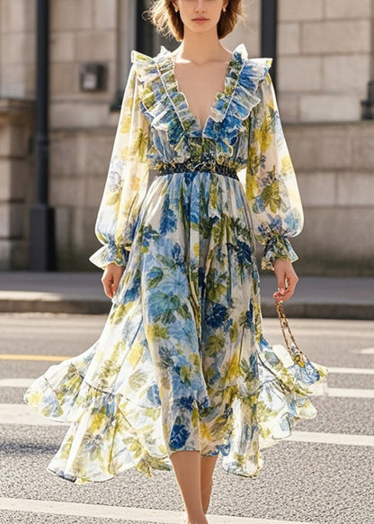 Print Ruffled Silm Fit Chiffon Beach Dress Spring