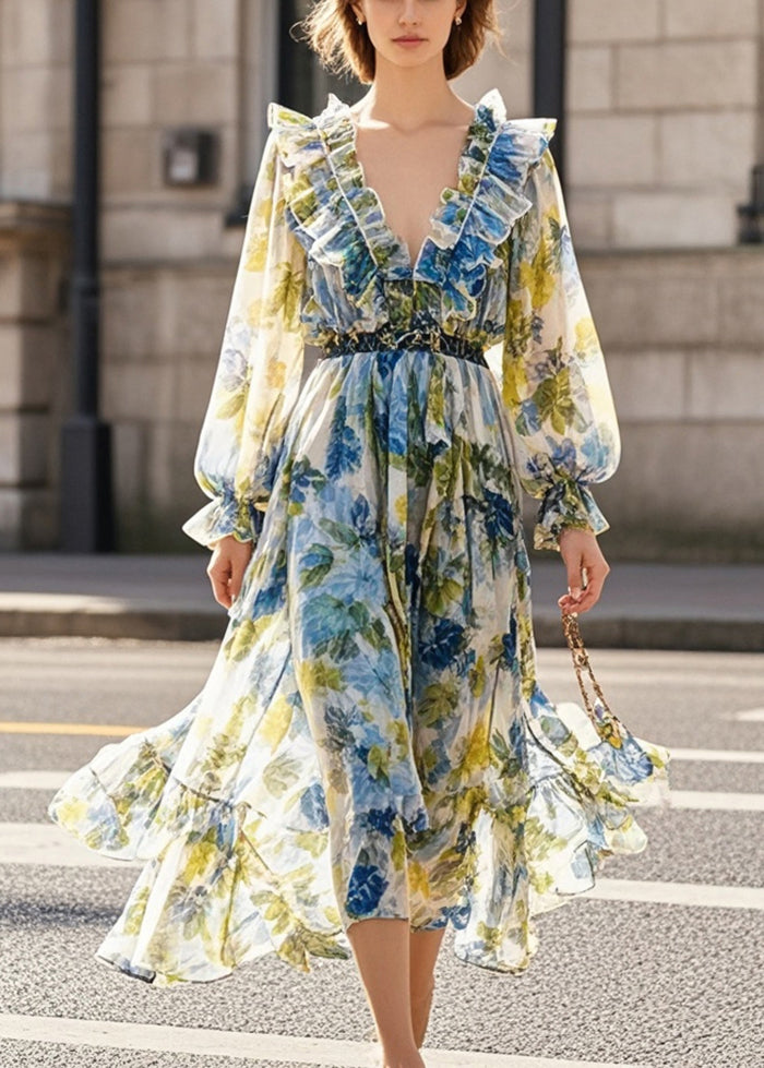 Print Ruffled Silm Fit Chiffon Beach Dress Spring