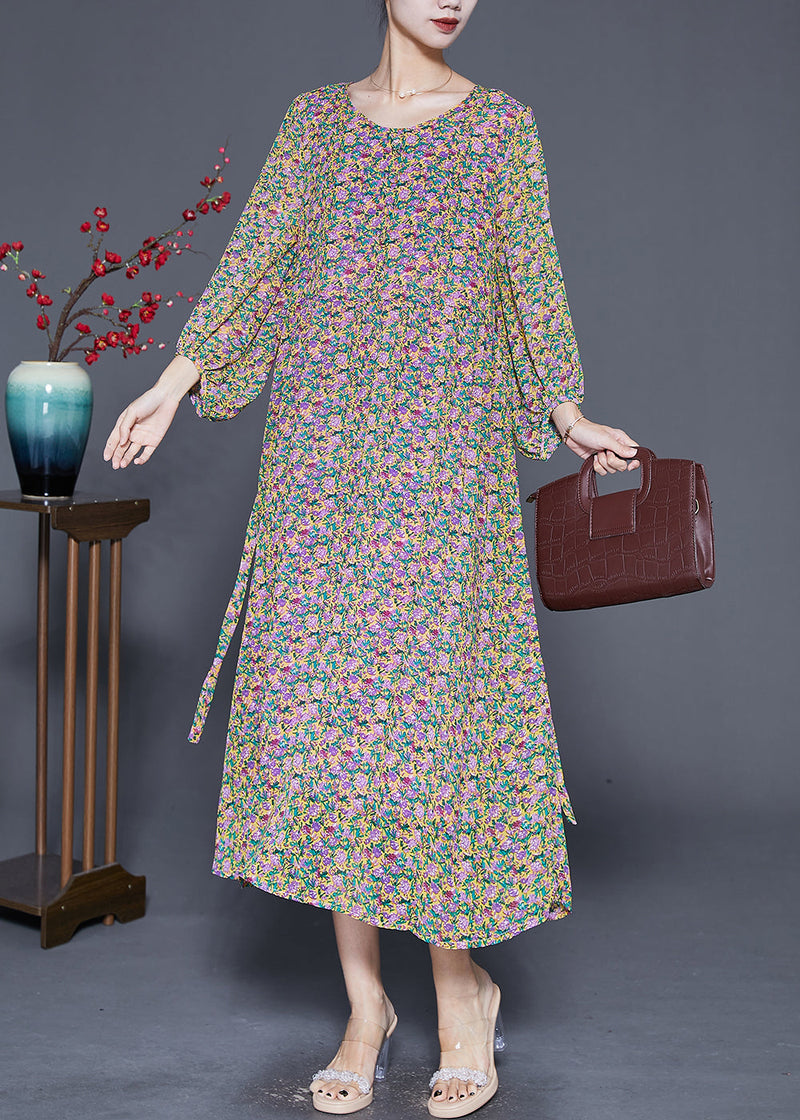 Print Tie Waist Chiffon Holiday Dress Bracelet Sleeve
