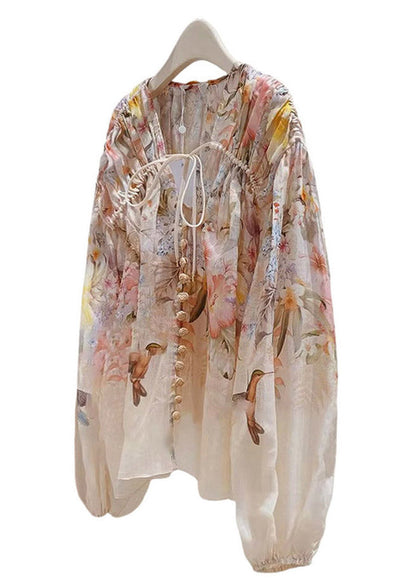Beautiful Print Wrinkled Tie Linen Shirts Spring
