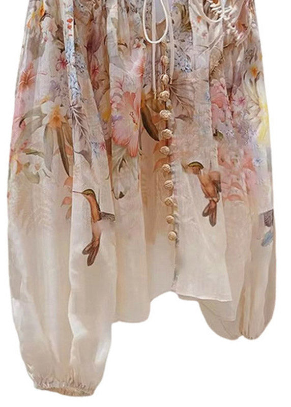 Beautiful Print Wrinkled Tie Linen Shirts Spring