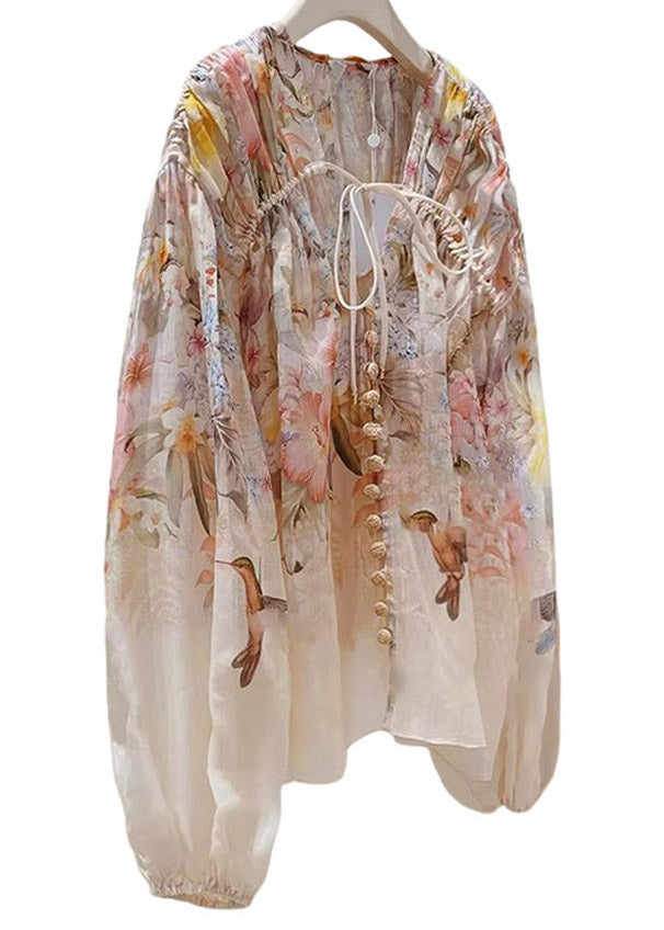 Beautiful Print Wrinkled Tie Linen Shirts Spring