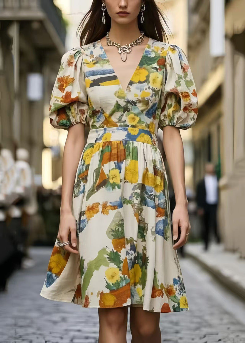 Puff Sleeve Print Cotton Mini Dress Summer