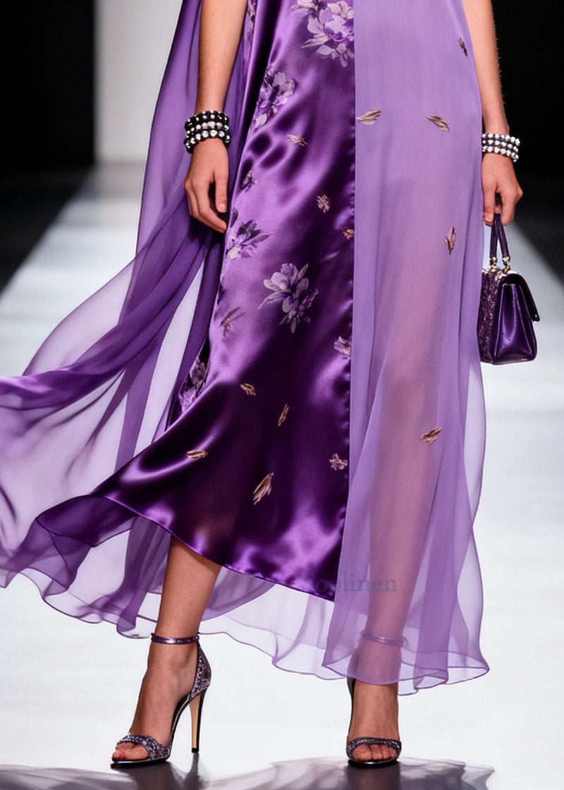 Purple Asymmetrical Patchwork Chiffon Ankle Dress Sleeveless