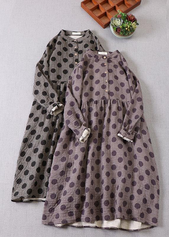 Purple Button Patchwork Pockets Fall Print Party Dress Long Sleeve