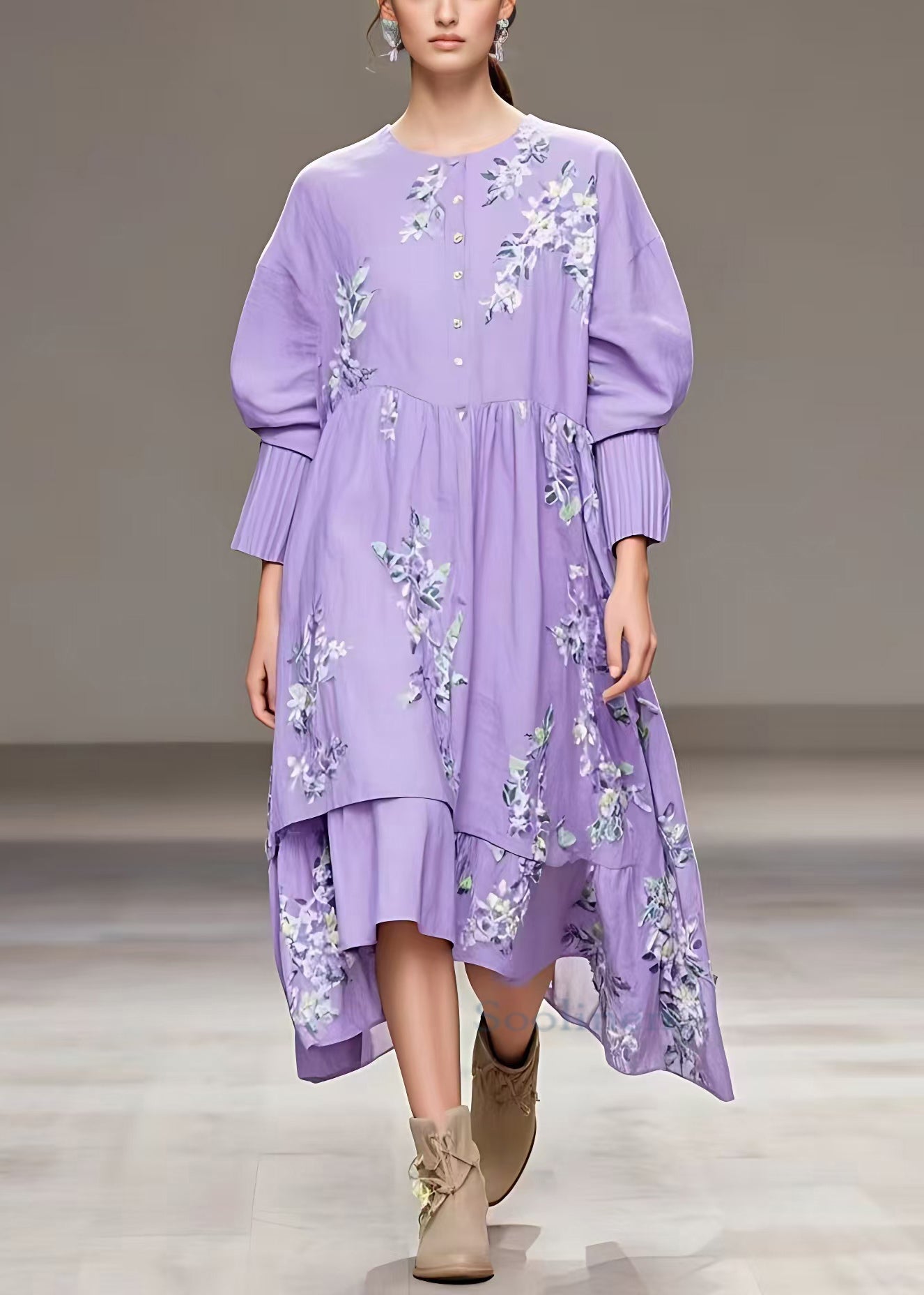 Purple Button Print Cotton Long Dresses Fall