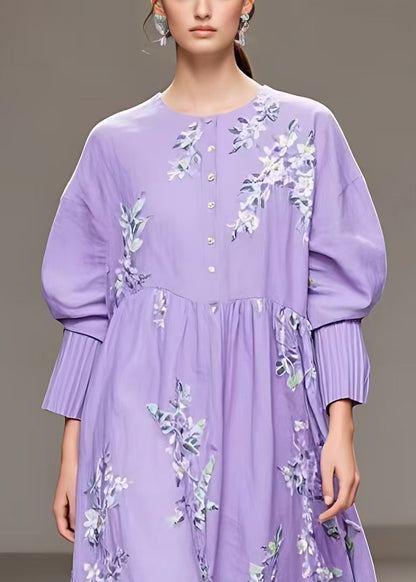 Purple Button Print Cotton Long Dresses Fall