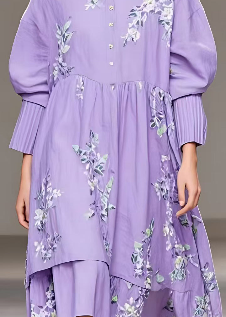 Purple Button Print Cotton Long Dresses Fall