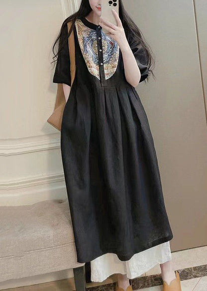Purple Button Print Pockets Cotton Dresses Summer