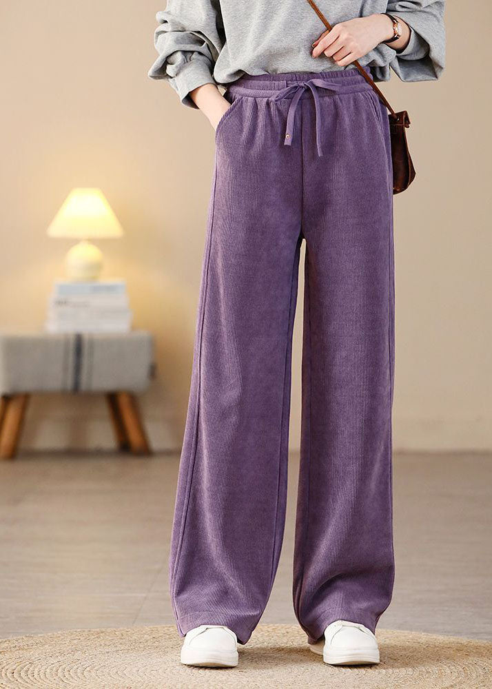 Purple Elastic Waist Pockets Corduroy Straight Pants Spring