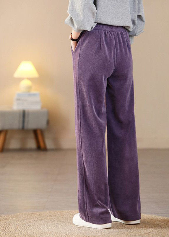 Purple Elastic Waist Pockets Corduroy Straight Pants Spring