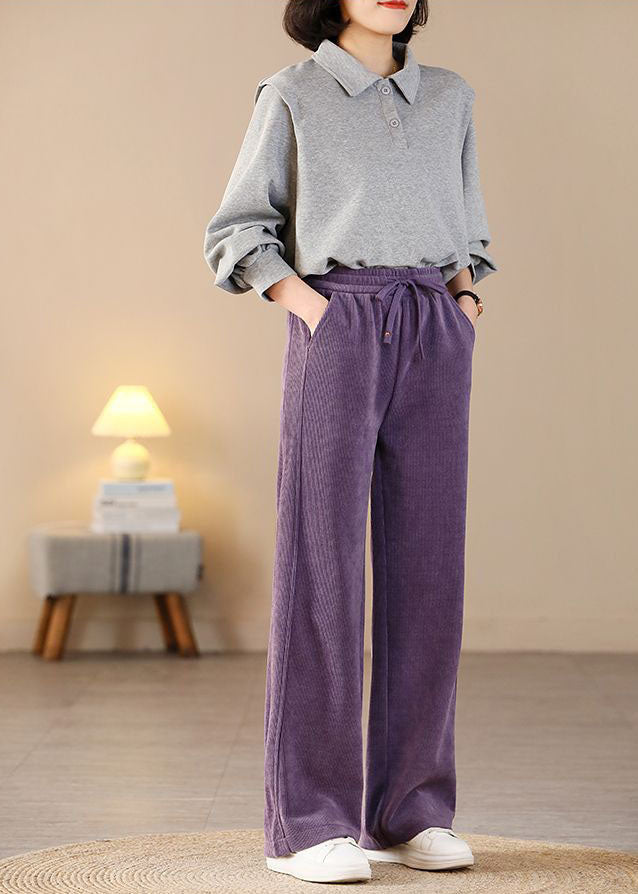 Purple Elastic Waist Pockets Corduroy Straight Pants Spring
