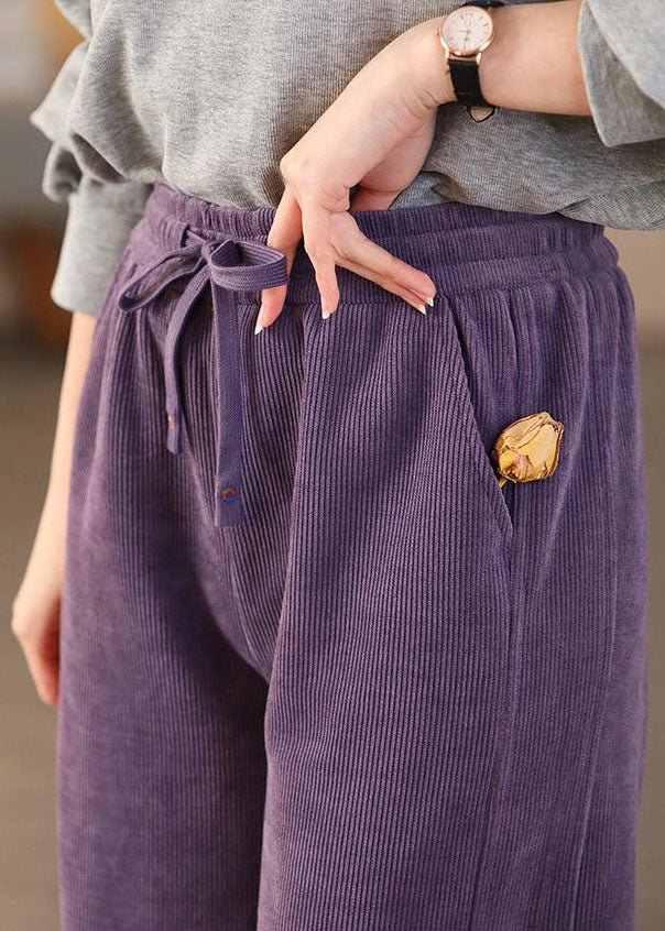 Purple Elastic Waist Pockets Corduroy Straight Pants Spring