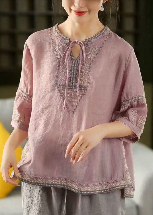 Purple Embroidered Linen Shirt Top Summer