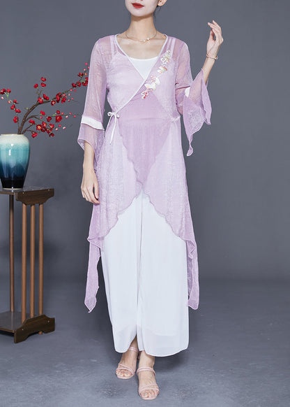 Purple Embroideried Lace Up Asymmetrical Design Tulle Tops Summer