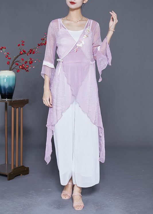 Purple Embroideried Lace Up Asymmetrical Design Tulle Tops Summer