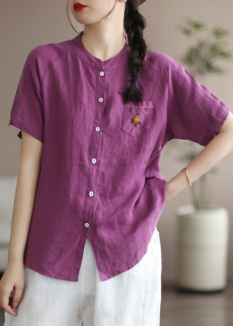 Purple Embroideried Patchwork Linen Blouse Top Summer