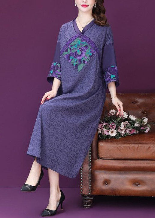 Purple Embroideried Patchwork Silk a Line Dresses Bracelet Sleeve