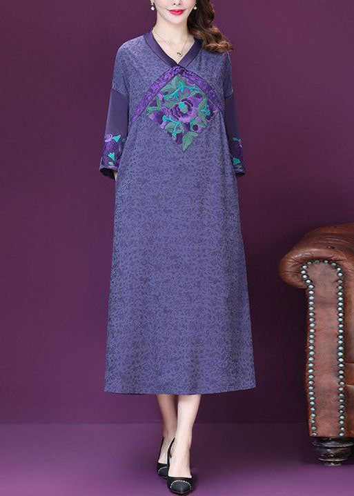 Purple Embroideried Patchwork Silk a Line Dresses Bracelet Sleeve