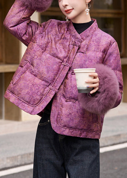 Purple Jacquard Patchwork Fox Fur Duck Down Jackets Winter