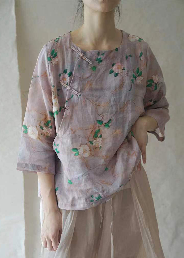 Purple O-neck Button Linen Shirt Half Sleeve