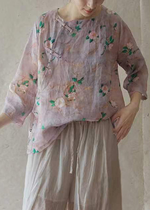 Purple O-neck Button Linen Shirt Half Sleeve
